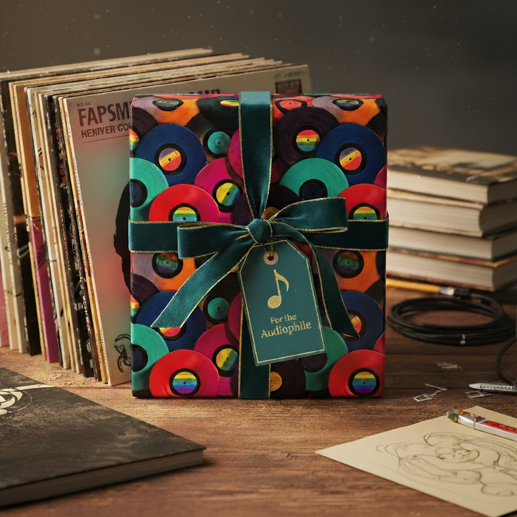 Vibrant retro vinyl record wrapping paper with a teal velvet ribbon, perfect for music lover gifts and audiophile presents.