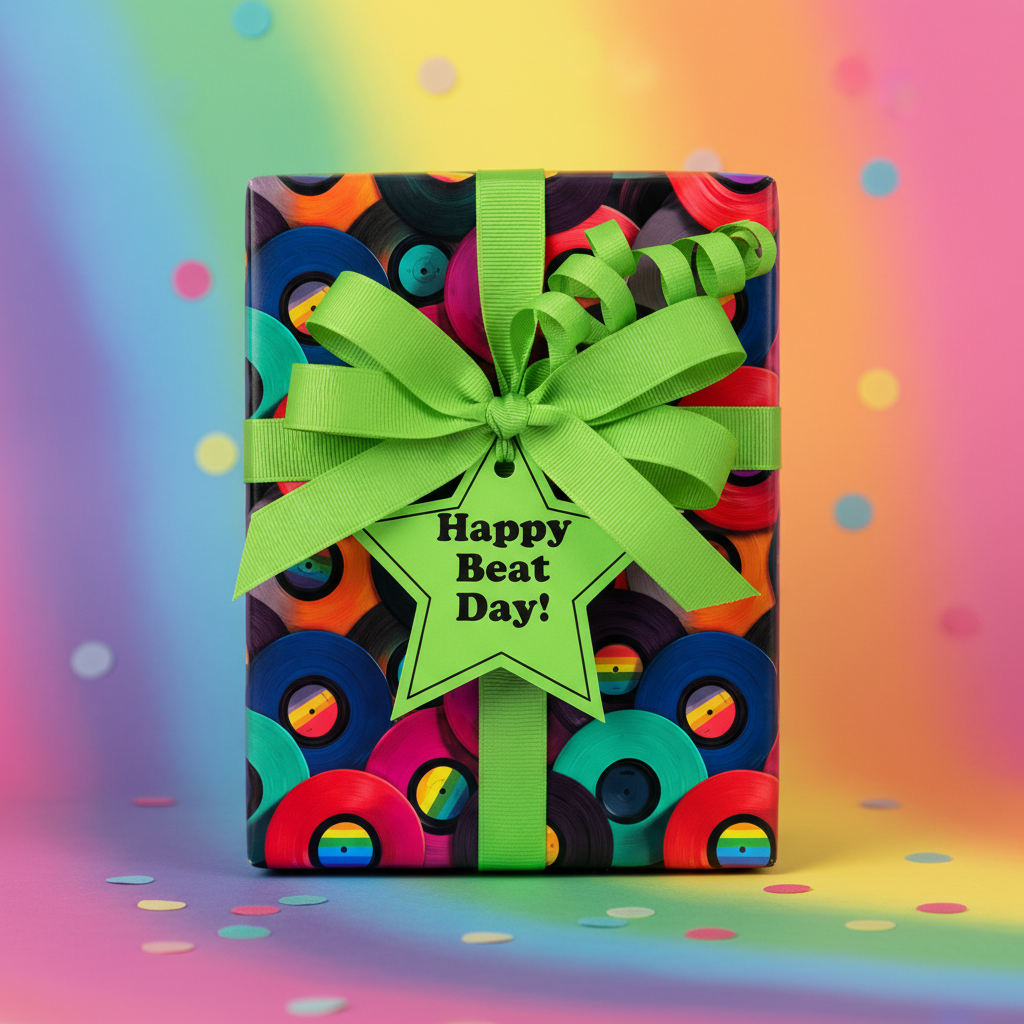 Colorful vinyl record wrapping paper with a green ribbon and "Happy Beat Day!" gift tag.
