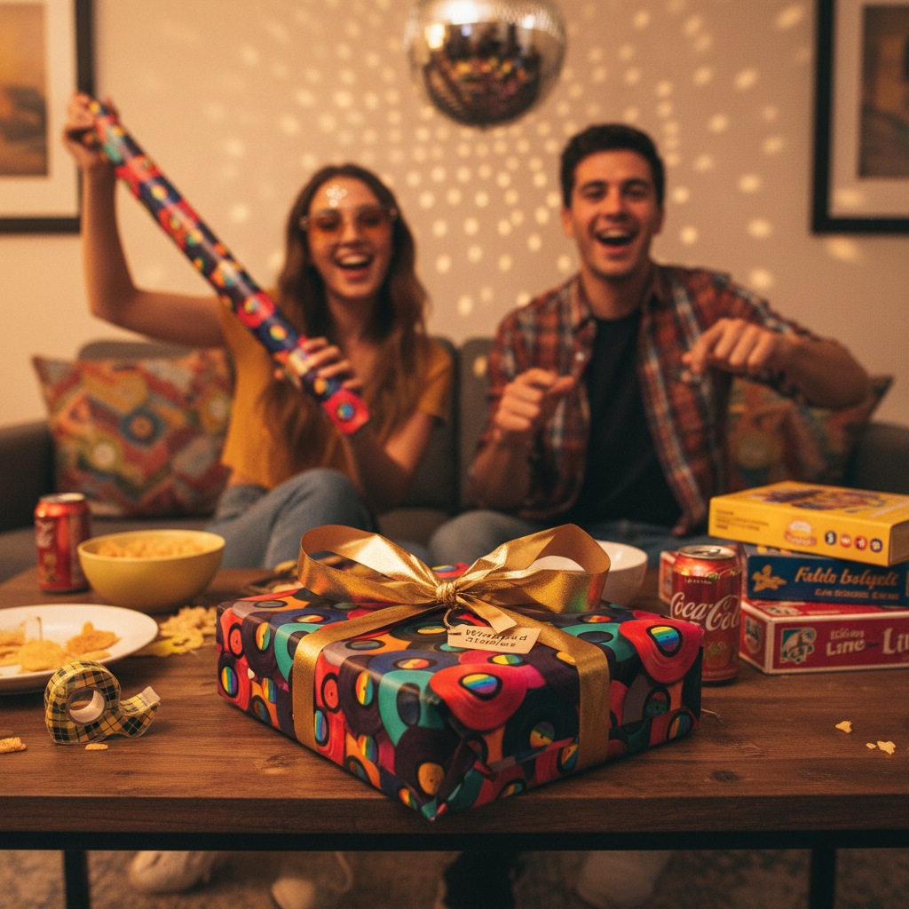 Colorful vinyl record pattern wrapping paper with a gold ribbon and tag, perfect for a fun birthday or party gift.