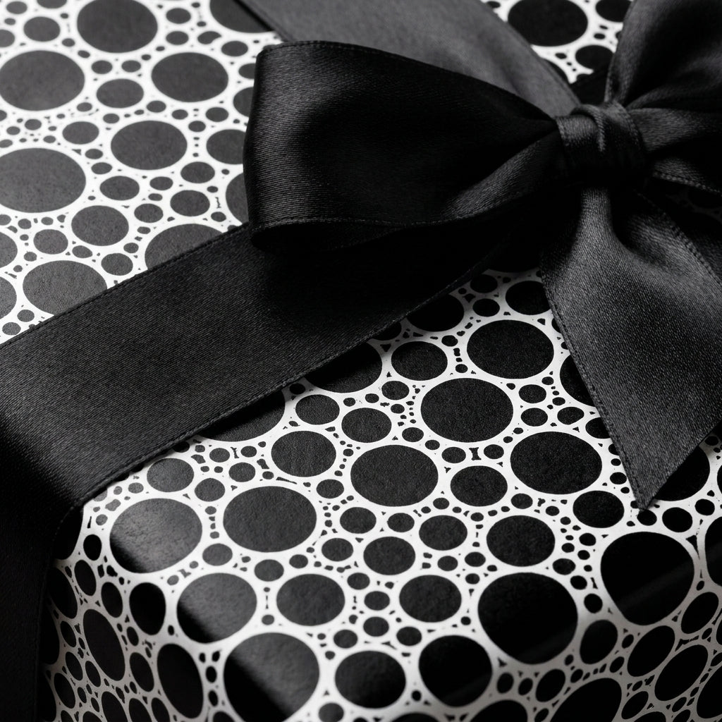 Modern black and white polka dot wrapping paper with a luxury satin ribbon bow by Wrapped Studios.