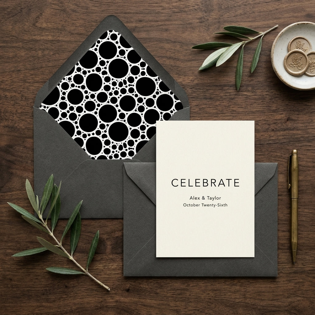 Modern black and white circle pattern envelope liner with wedding invitation by Wrapped Studios.
