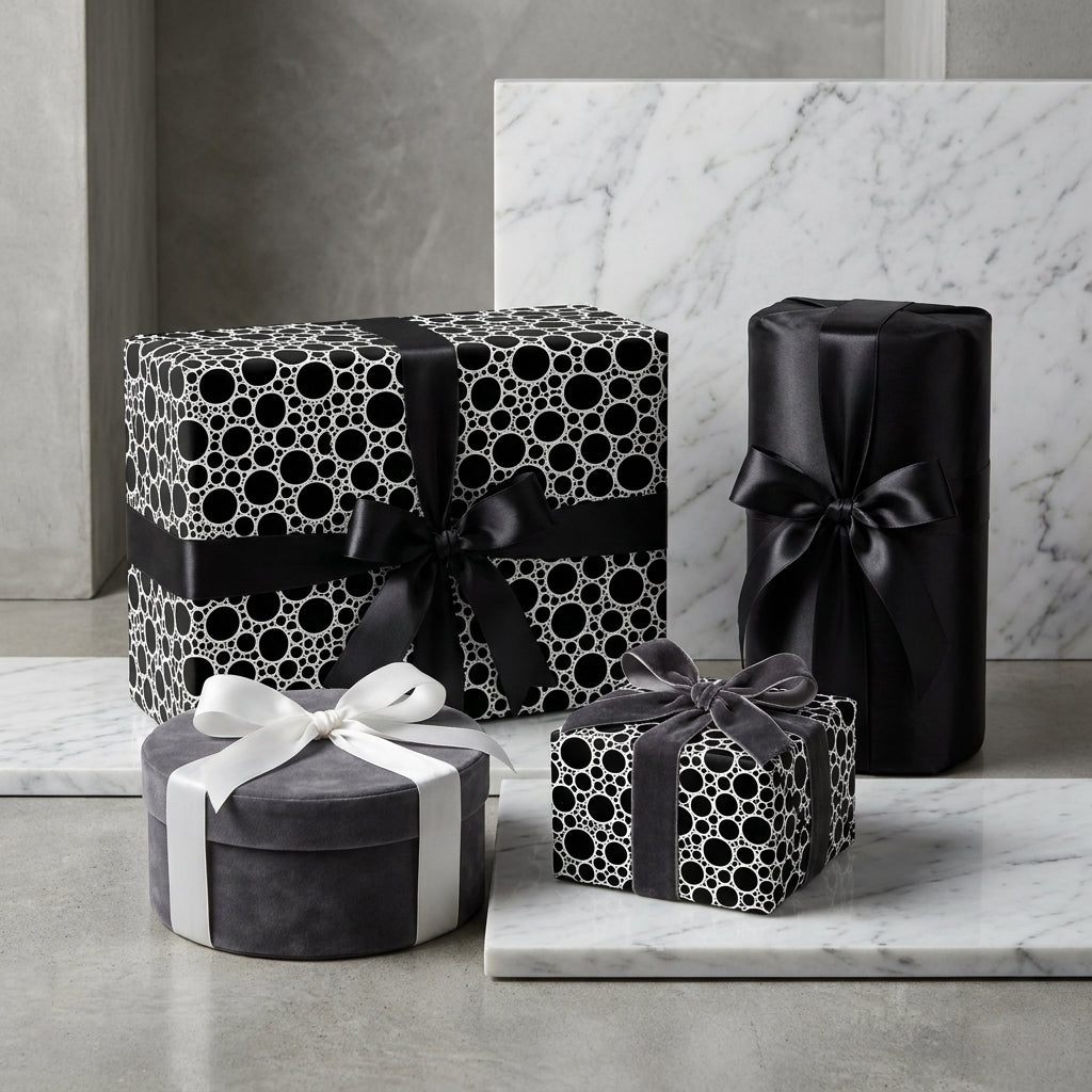 Modern black and white pattern wrapping paper and luxury gift wrap on boxes by Wrapped Studios.