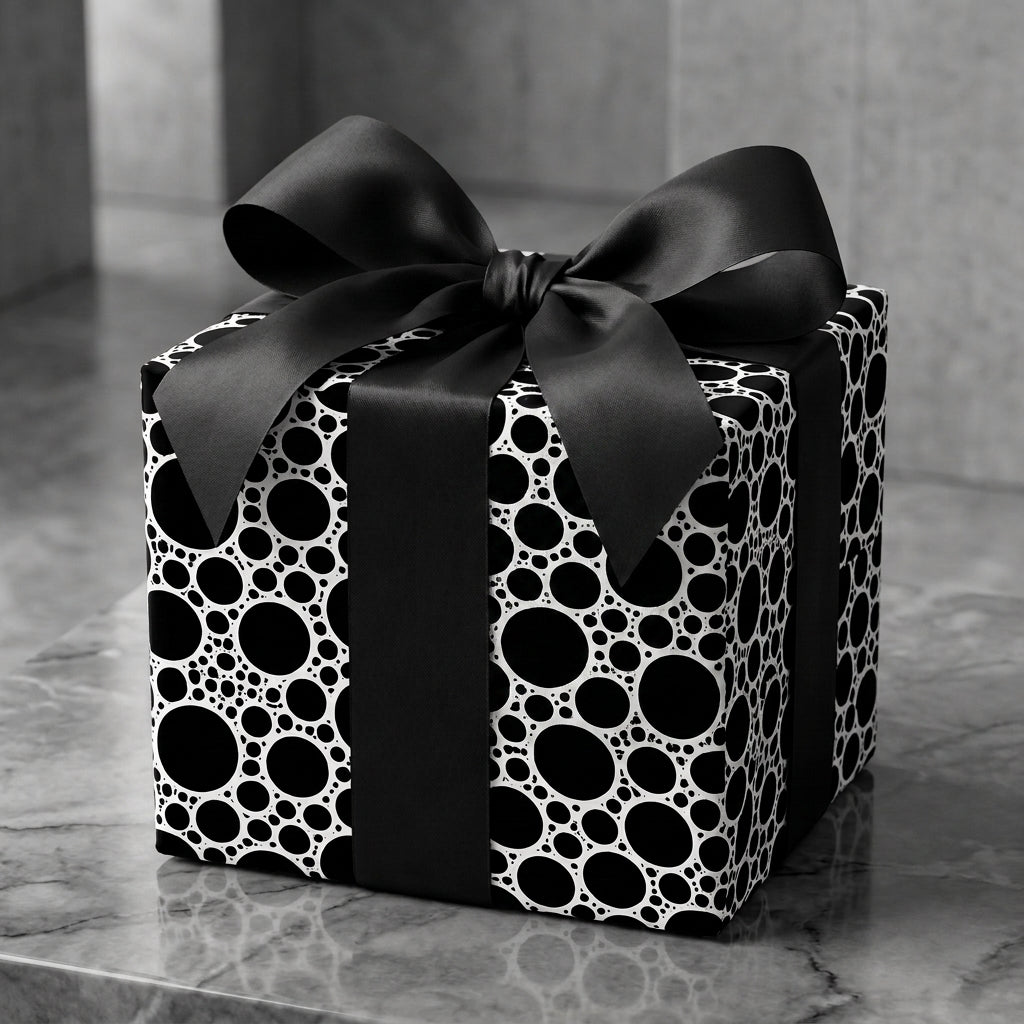 Modern black and white circle pattern luxury wrapping paper with a satin bow by Wrapped Studios.