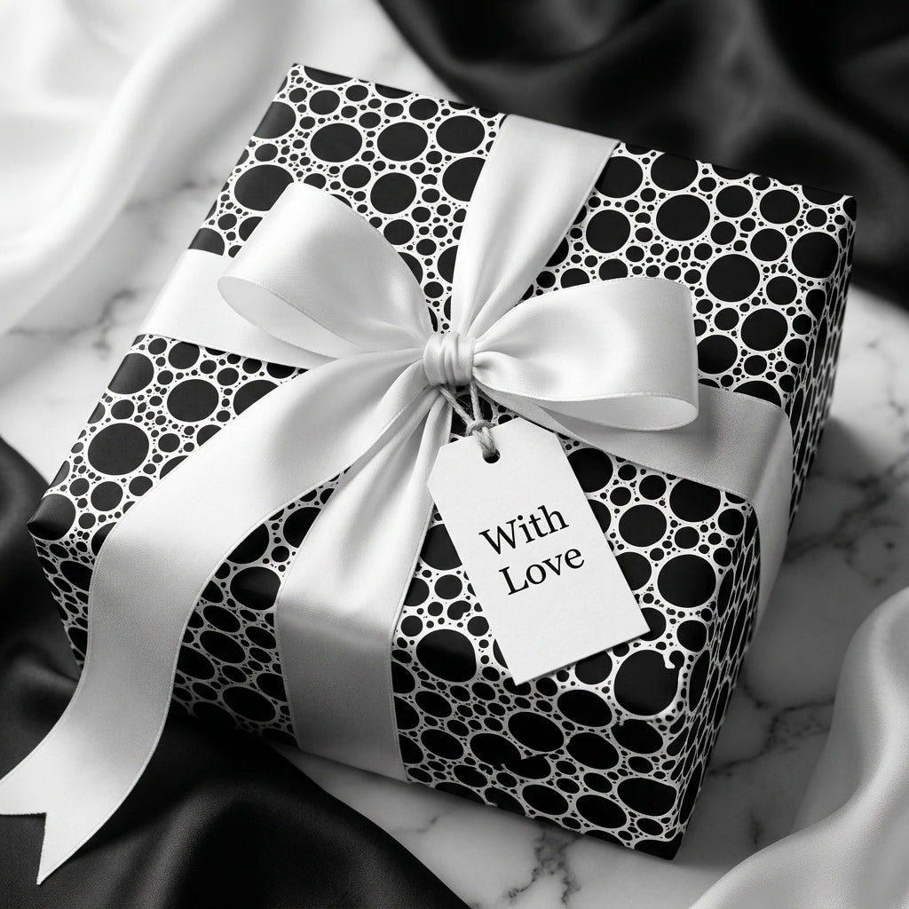 Luxury black and white polka dot wrapping paper with a white satin bow on a gift box by Wrapped Studios.