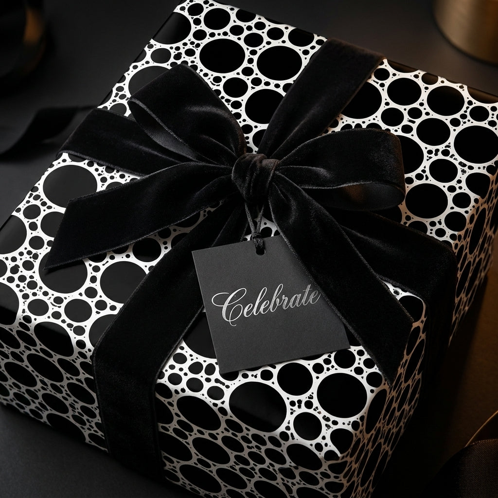 Luxury black and white modern wrapping paper with a velvet bow and Celebrate tag by Wrapped Studios.