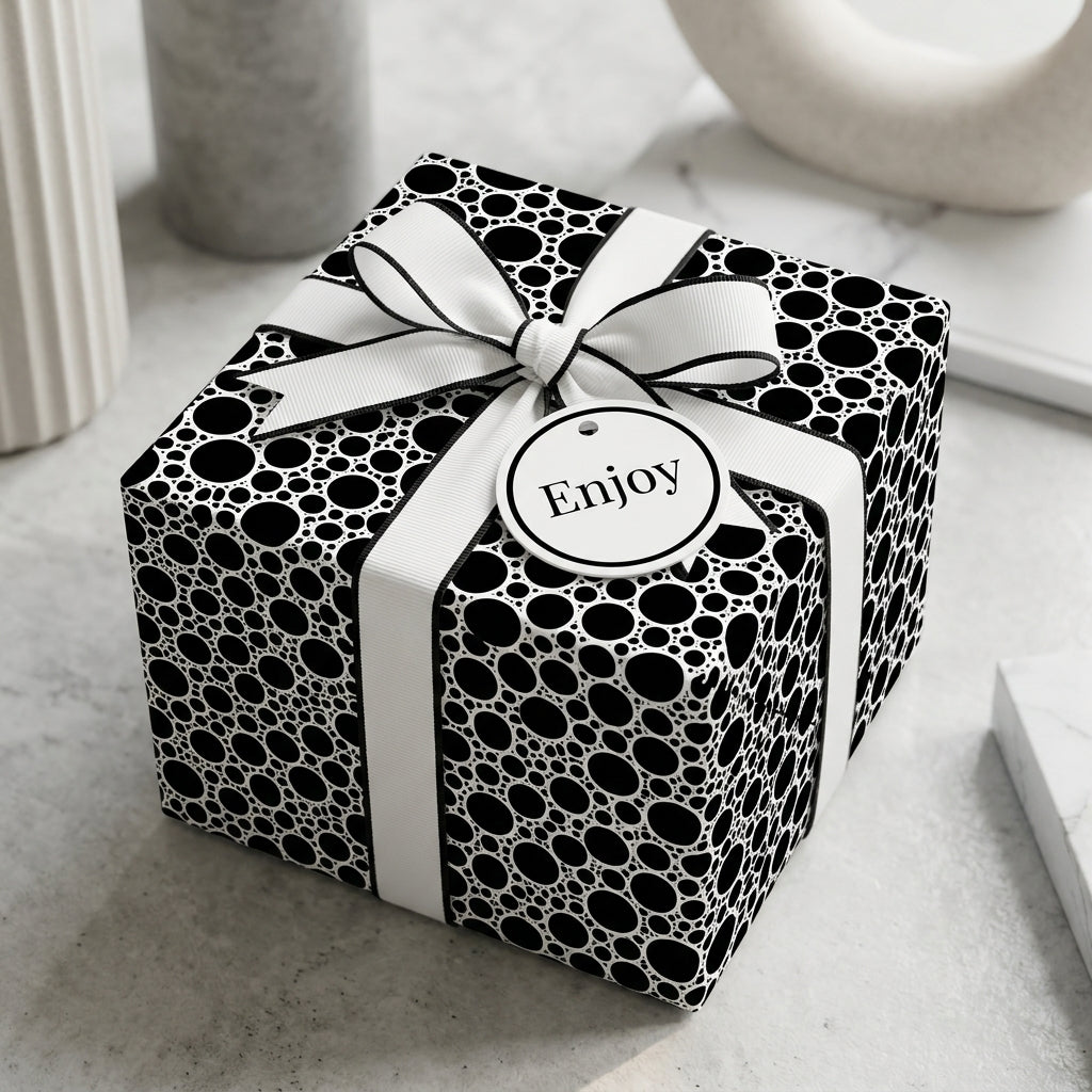 Modern black and white polka dot wrapping paper on a luxury gift box with ribbon by Wrapped Studios.