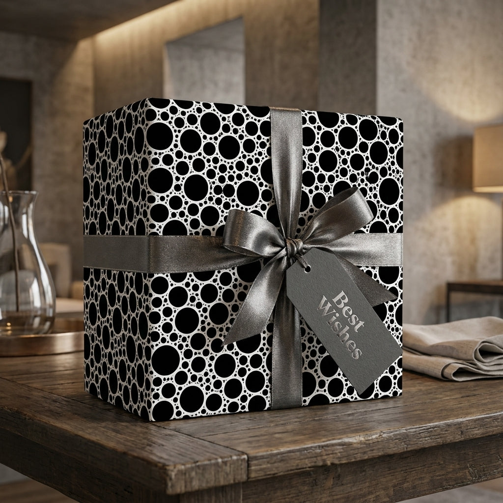 Modern black and white bubble wrapping paper with a silver ribbon and Best Wishes tag by Wrapped Studios.