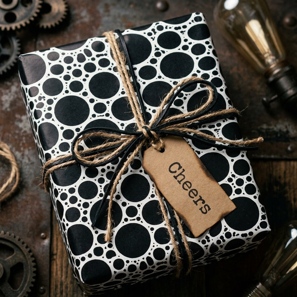 Modern black and white patterned wrapping paper with a rustic twine bow and Cheers tag by Wrapped Studios.