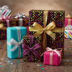 Assorted gift boxes wrapped in colorful dot patterns with ribbons, perfect for birthday wrapping paper or party favors.