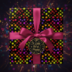 Black gift box in festive confetti wrapping paper with a pink ribbon, perfect for birthday celebrations.