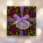 Black gift box with bright polka dots and purple ribbon, modern birthday wrapping paper.