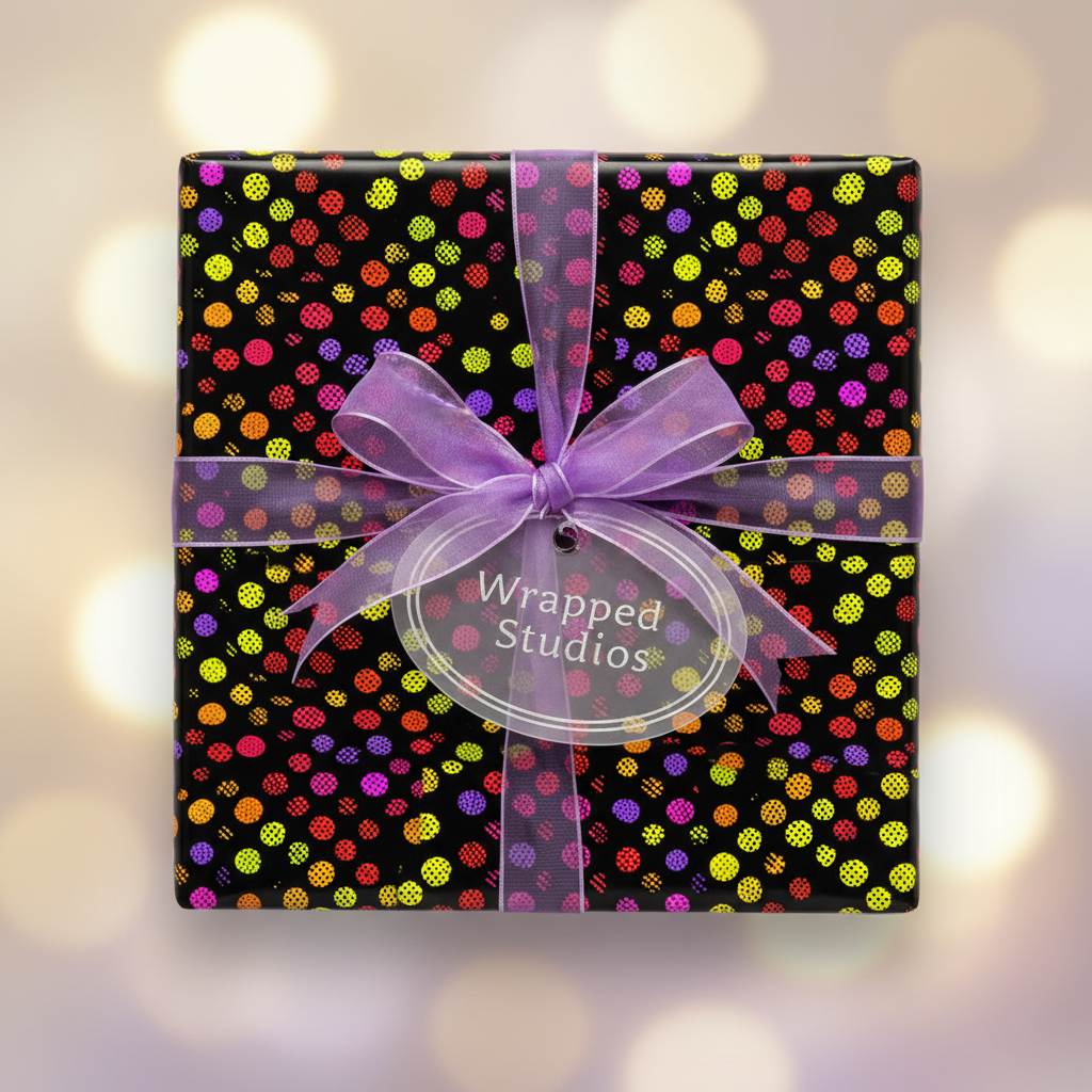 Black gift box with bright polka dots and purple ribbon, modern birthday wrapping paper.