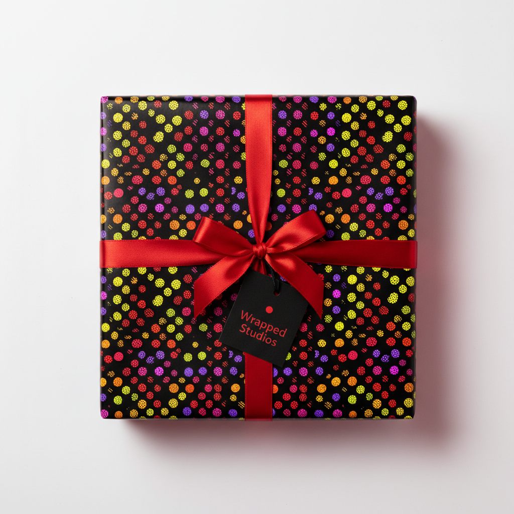 Square gift wrapped in black wrapping paper with colorful dot pattern and tied with red satin ribbon.