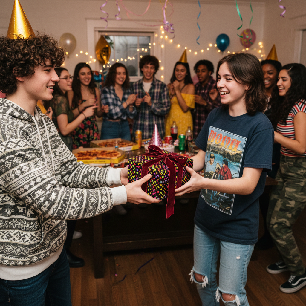 Exchanging a gift wrapped in bright, modern patterned paper with a burgundy velvet ribbon at a lively birthday party.
