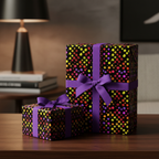 Two gifts wrapped in colorful dot pattern wrapping paper with purple ribbon.