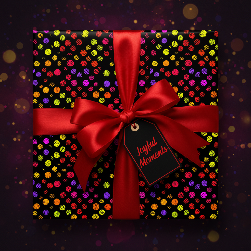 Square gift wrapped in colorful polka dot wrapping paper with red satin bow and "Joyful Moments" tag.