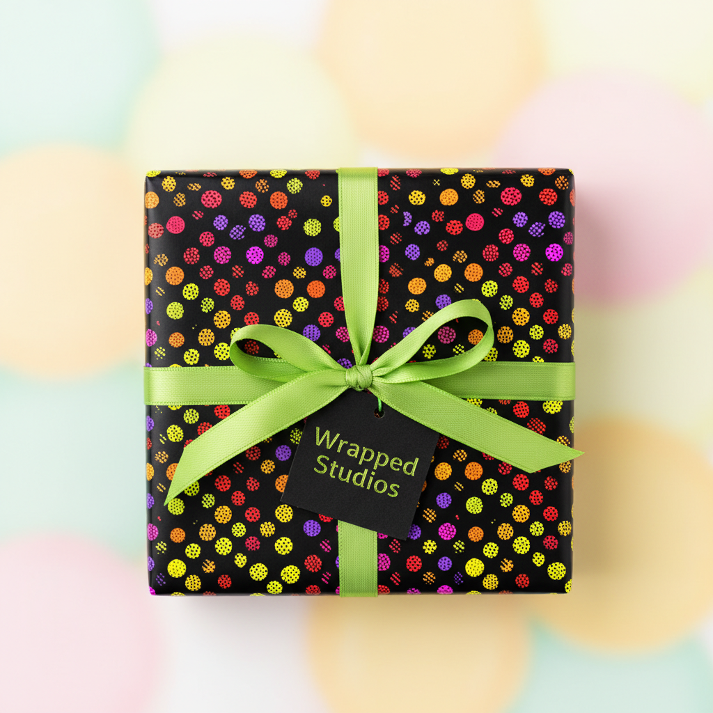 Square gift wrapped in colorful dotted wrapping paper with a green ribbon and tag.