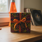 Square gift box in colorful polka dot wrapping paper with burnt orange velvet ribbon and "Wrapped Studios" tag.