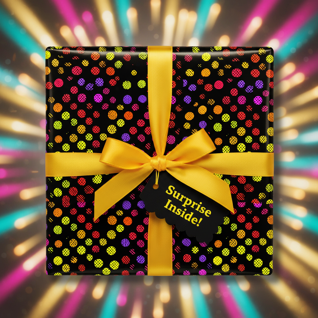 Black gift box wrapped in colorful polka dot wrapping paper with gold ribbon and "Surprise Inside!" tag.