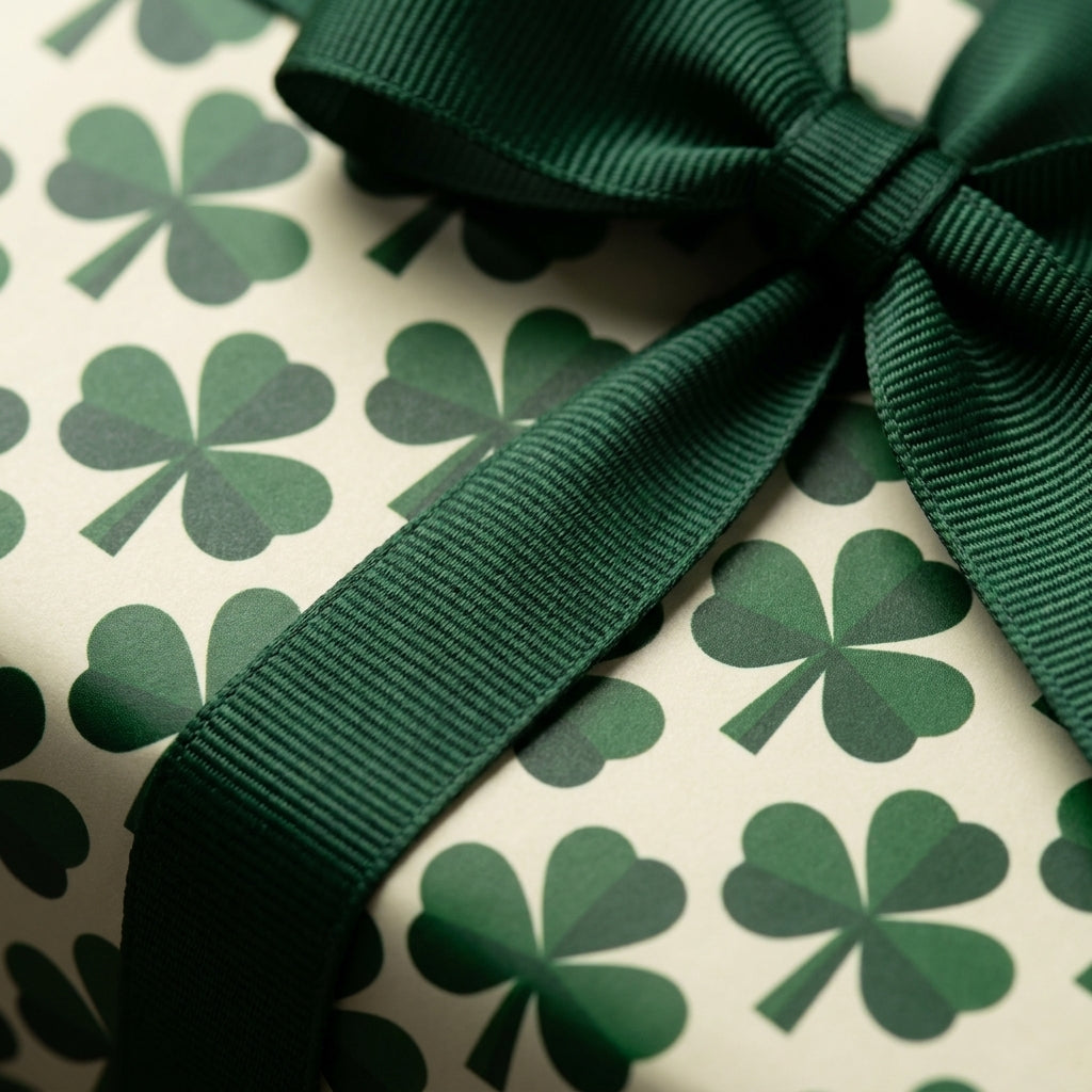 St. Patrick's Day shamrock wrapping paper with a dark green ribbon bow by Wrapped Studios.