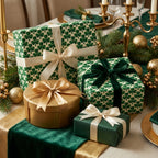 Green shamrock wrapping paper and luxury gift wrap on an elegant table setting by Wrapped Studios.