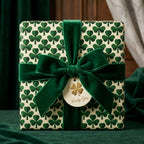 St. Patrick's Day shamrock gift wrap with a green velvet ribbon and lucky tag by Wrapped Studios.