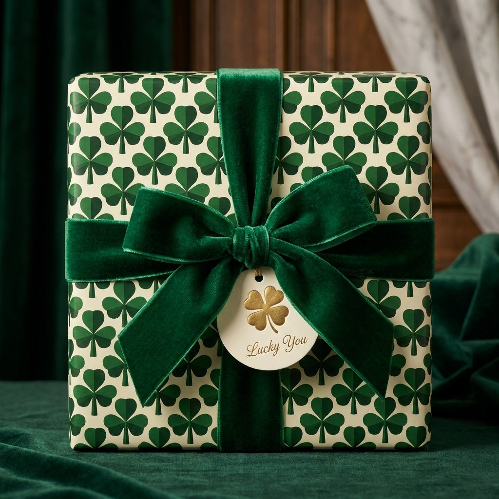 St. Patrick's Day shamrock gift wrap with a green velvet ribbon and lucky tag by Wrapped Studios.