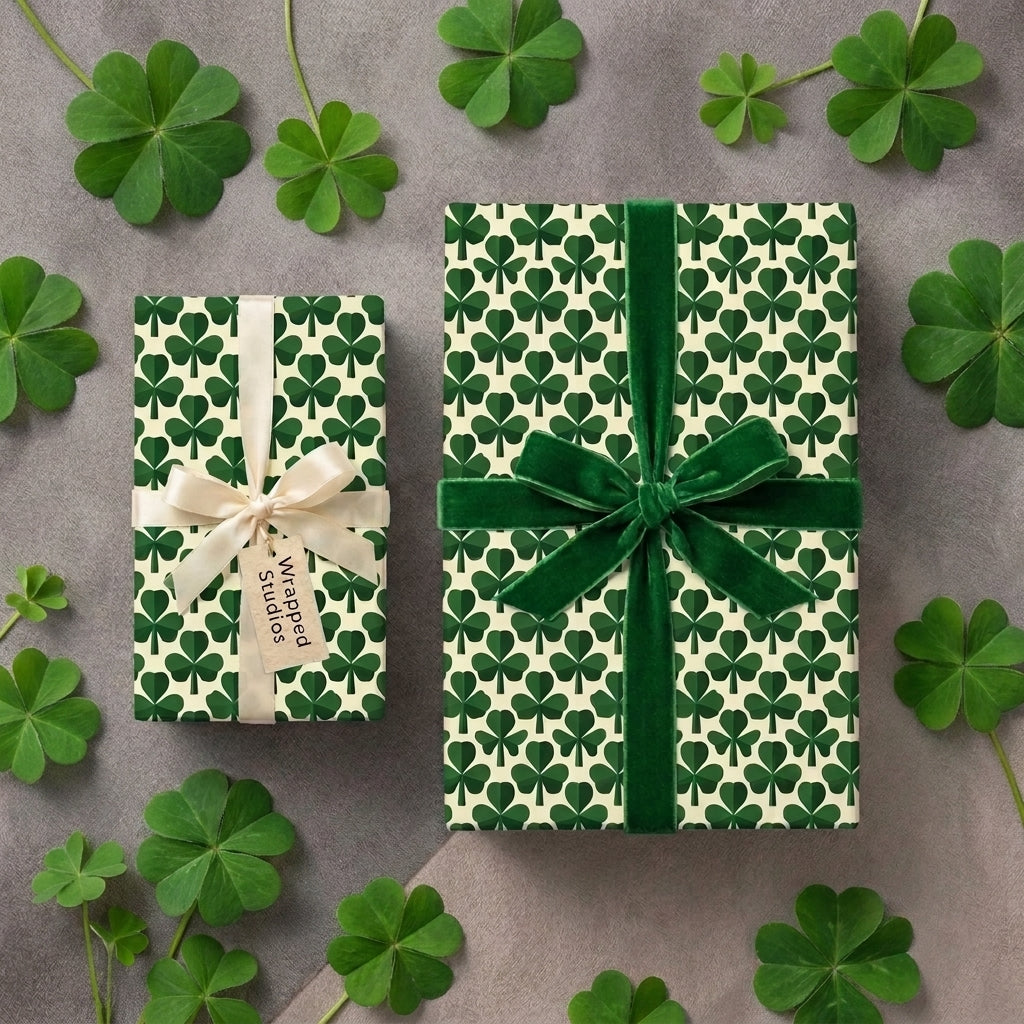 St. Patrick's Day shamrock wrapping paper on gift boxes with velvet ribbon by Wrapped Studios.