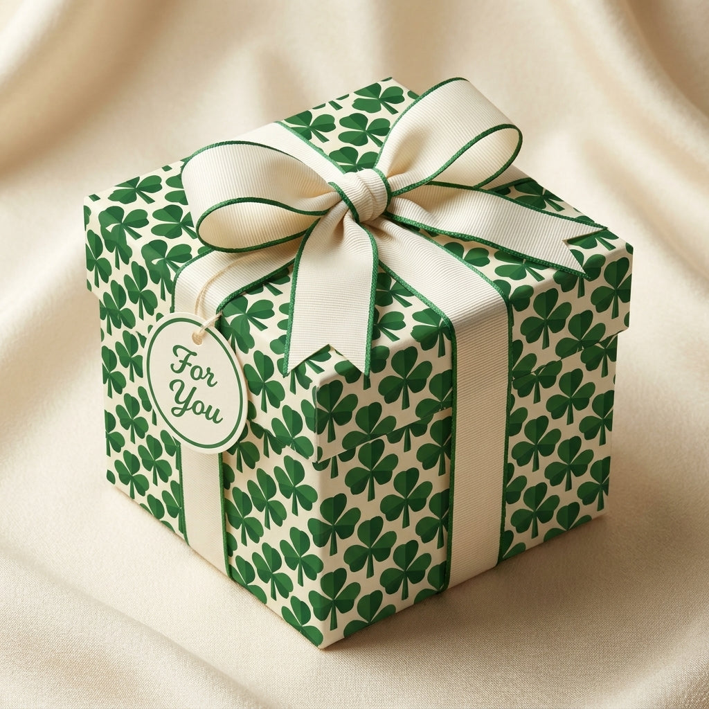 St. Patrick's Day clover wrapping paper on a gift box with cream bow by Wrapped Studios.