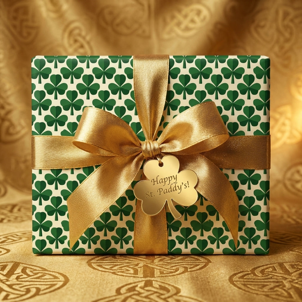 St. Patrick's Day shamrock wrapping paper with elegant gold ribbon by Wrapped Studios.