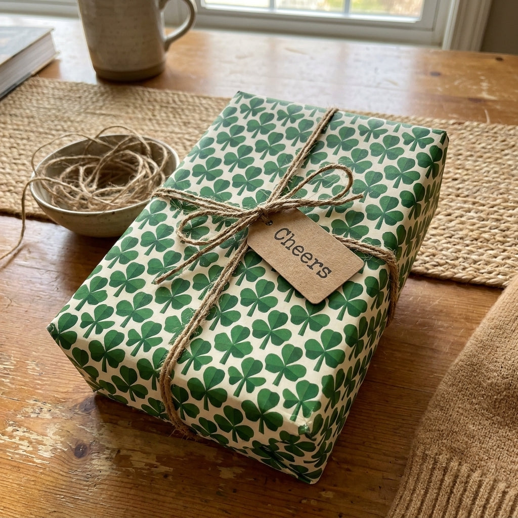 St. Patrick's Day shamrock wrapping paper with rustic twine bow and Cheers tag by Wrapped Studios.