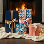 Valentine's gifts wrapped in heart print paper with ribbons by a cozy fireplace.