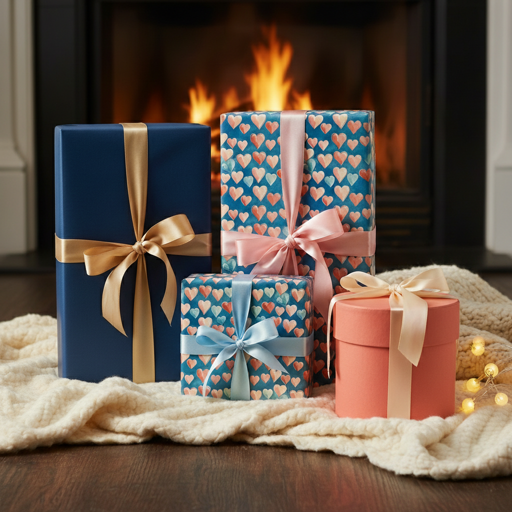 Valentine's gifts wrapped in heart print paper with ribbons by a cozy fireplace.