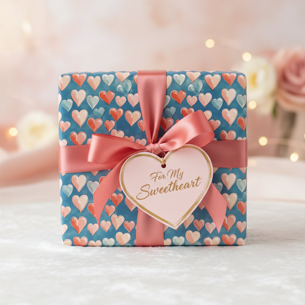 Gift wrapped in heart print wrapping paper with pink ribbon and "For My Sweetheart" tag.