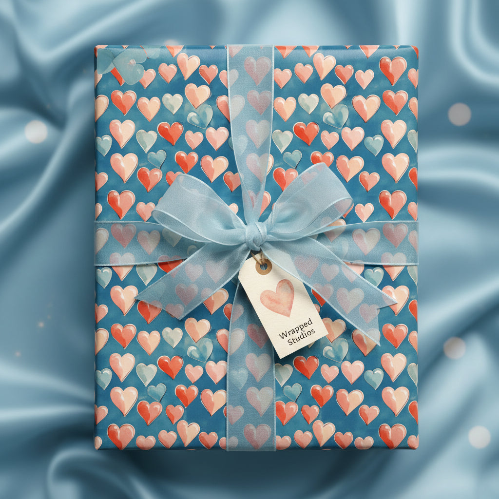 Blue heart wrapping paper with sheer ribbon, perfect for Valentine's Day or love-themed gifts.