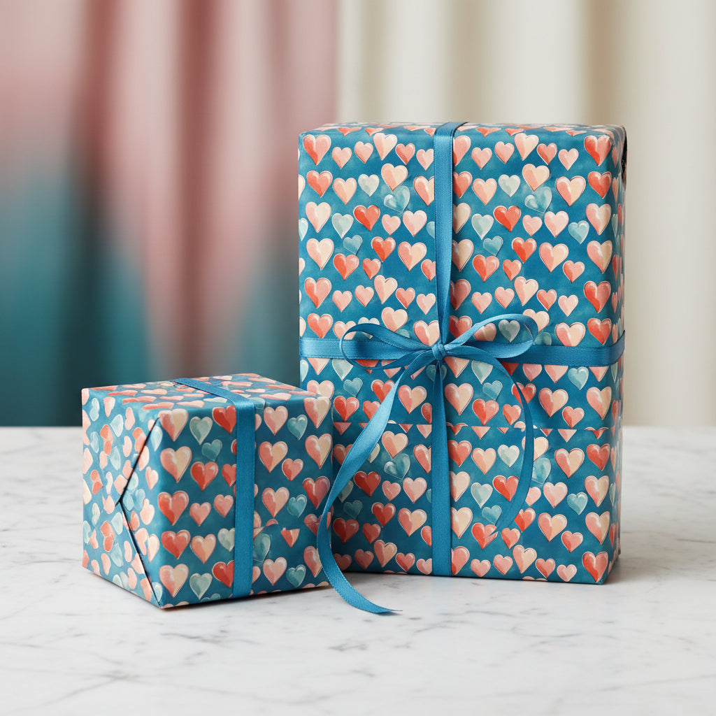Two gifts wrapped in heart-patterned teal wrapping paper with blue ribbon, perfect for Valentine's Day or birthday gifts.
