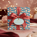 Romantic gift with heart wrapping paper, tied with a red satin ribbon and “Love” tag.