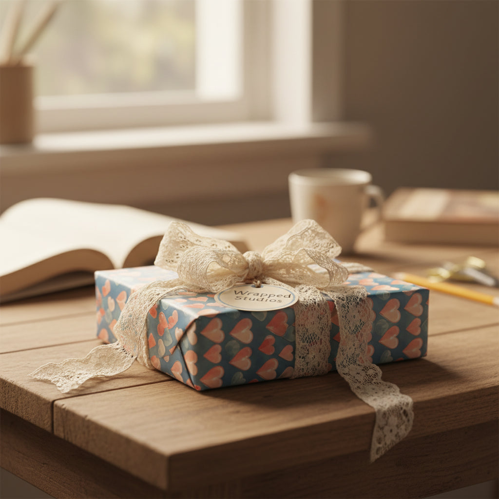 Heart print wrapping paper with lace ribbon on a square gift box, for a romantic birthday gift.