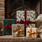 Elegant Christmas gifts wrapped in floral wrapping paper with velvet and satin ribbons.