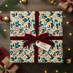 Elegant floral wrapping paper with deep red velvet ribbon, perfect for Christmas or holiday gifts.