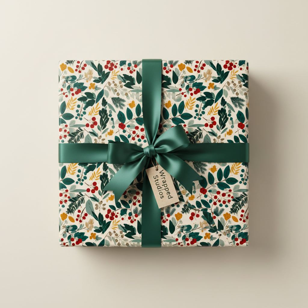 Square gift wrapped in floral Christmas wrapping paper with green satin ribbon and bow.
