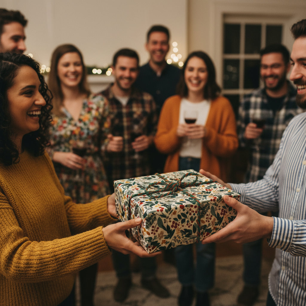 Woman receiving present wrapped in elegant floral wrapping paper with rustic twine, friends celebrating.