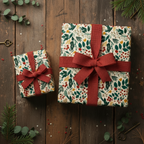 Gifts wrapped in botanical floral wrapping paper with red burlap ribbon on rustic wood surface.