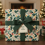Christmas gift with elegant floral wrapping paper, tied with a dark green ribbon bow, and a gift tag.
