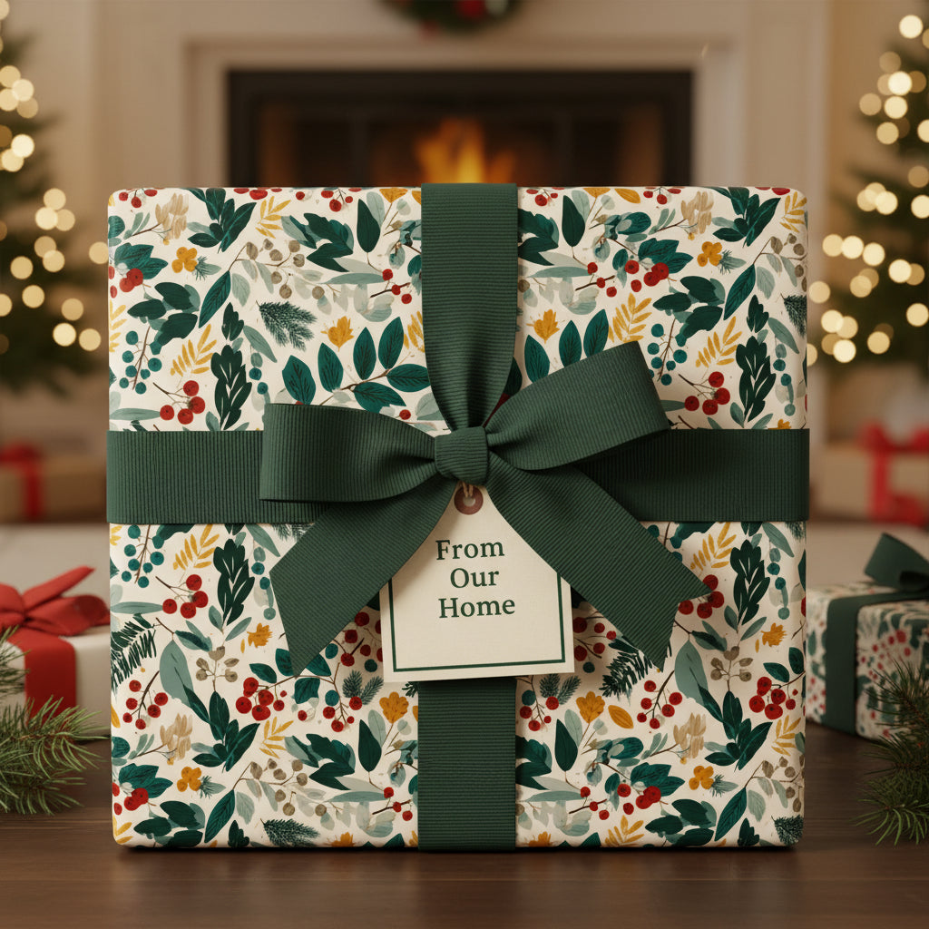 Christmas gift with elegant floral wrapping paper, tied with a dark green ribbon bow, and a gift tag.