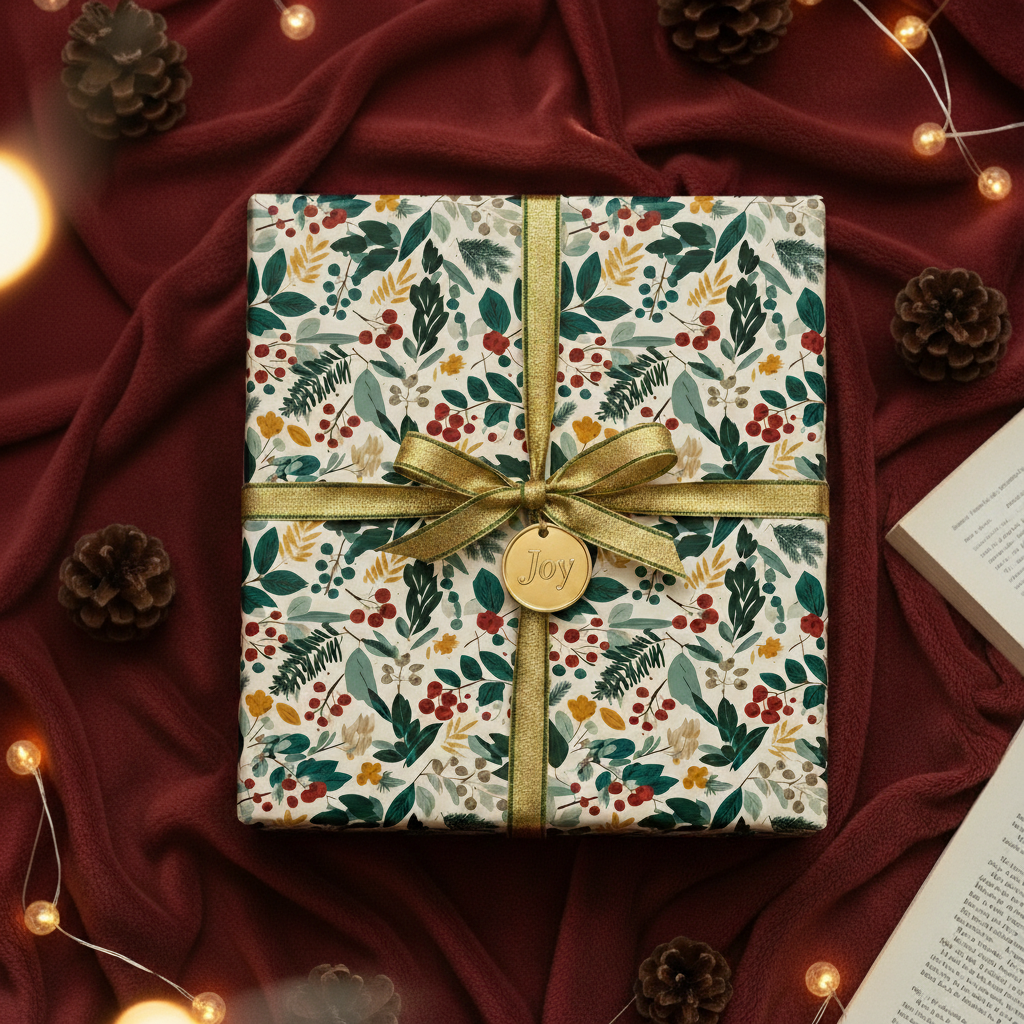 Elegant gift wrapped in floral holiday wrapping paper with a gold ribbon and "Joy" tag.