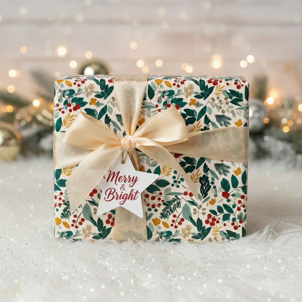Elegant Christmas gift wrapped in floral paper with a cream ribbon and "Merry & Bright" tag.