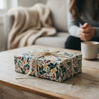 Gift wrapped in modern floral wrapping paper with ivory lace ribbon and tag on a wood table.