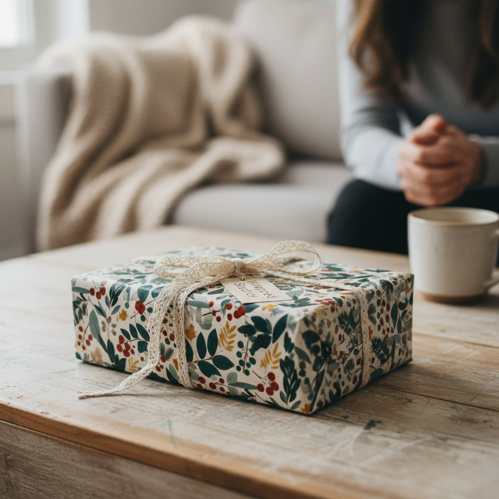 Gift wrapped in modern floral wrapping paper with ivory lace ribbon and tag on a wood table.