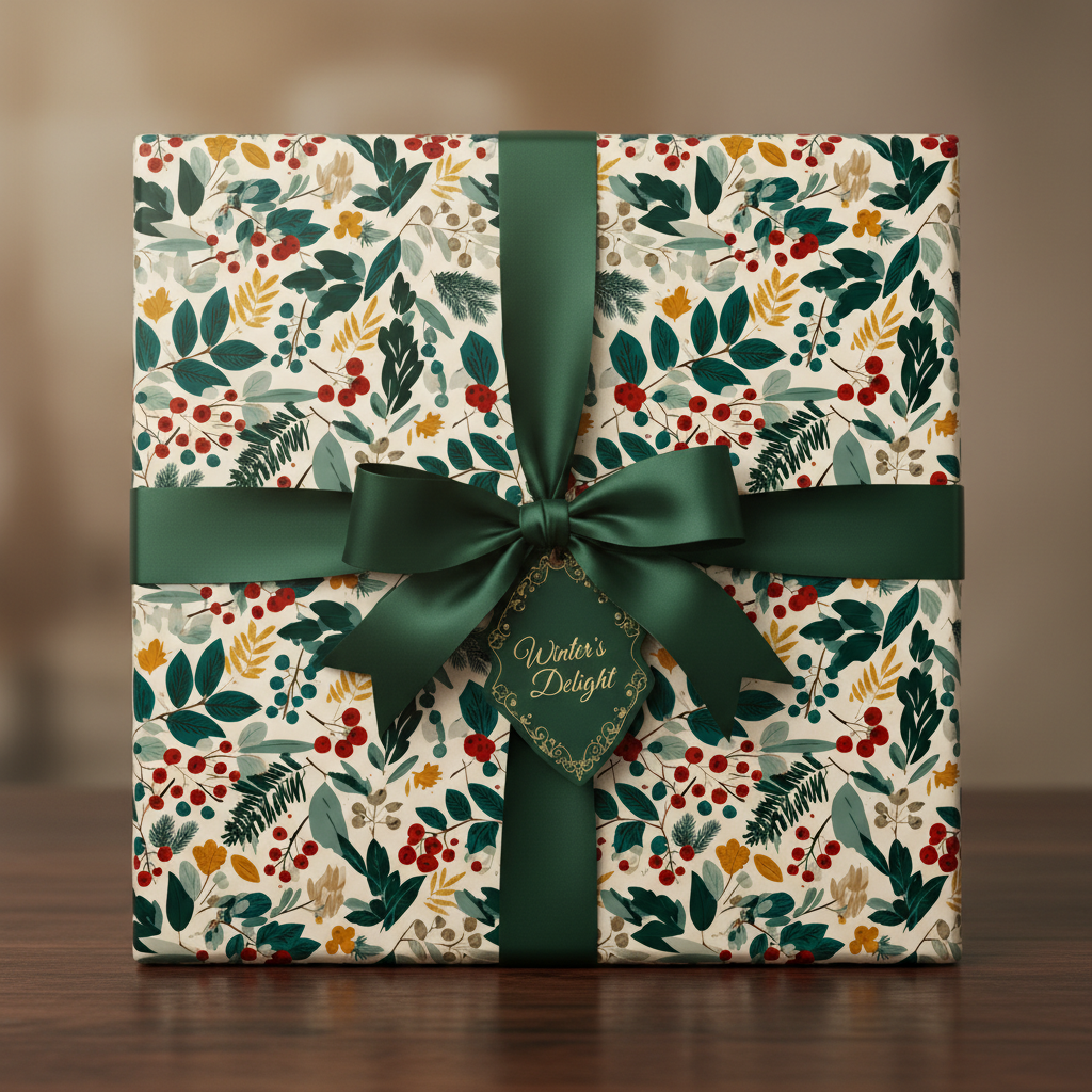 Square gift wrapped in floral Christmas wrapping paper with dark green satin ribbon and "Winter's Delight" tag.
